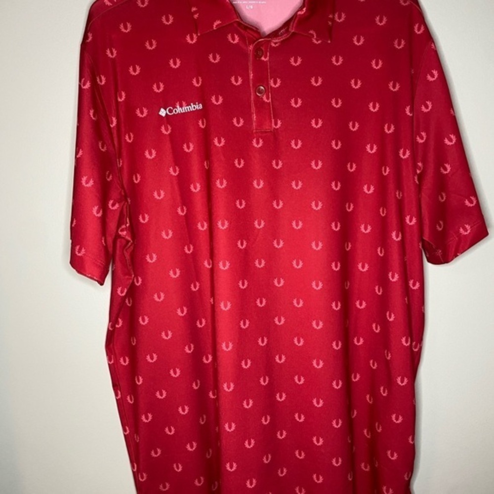 Columbia Cherry Red Polo Shirt Logo Golf Shirt Sz Large